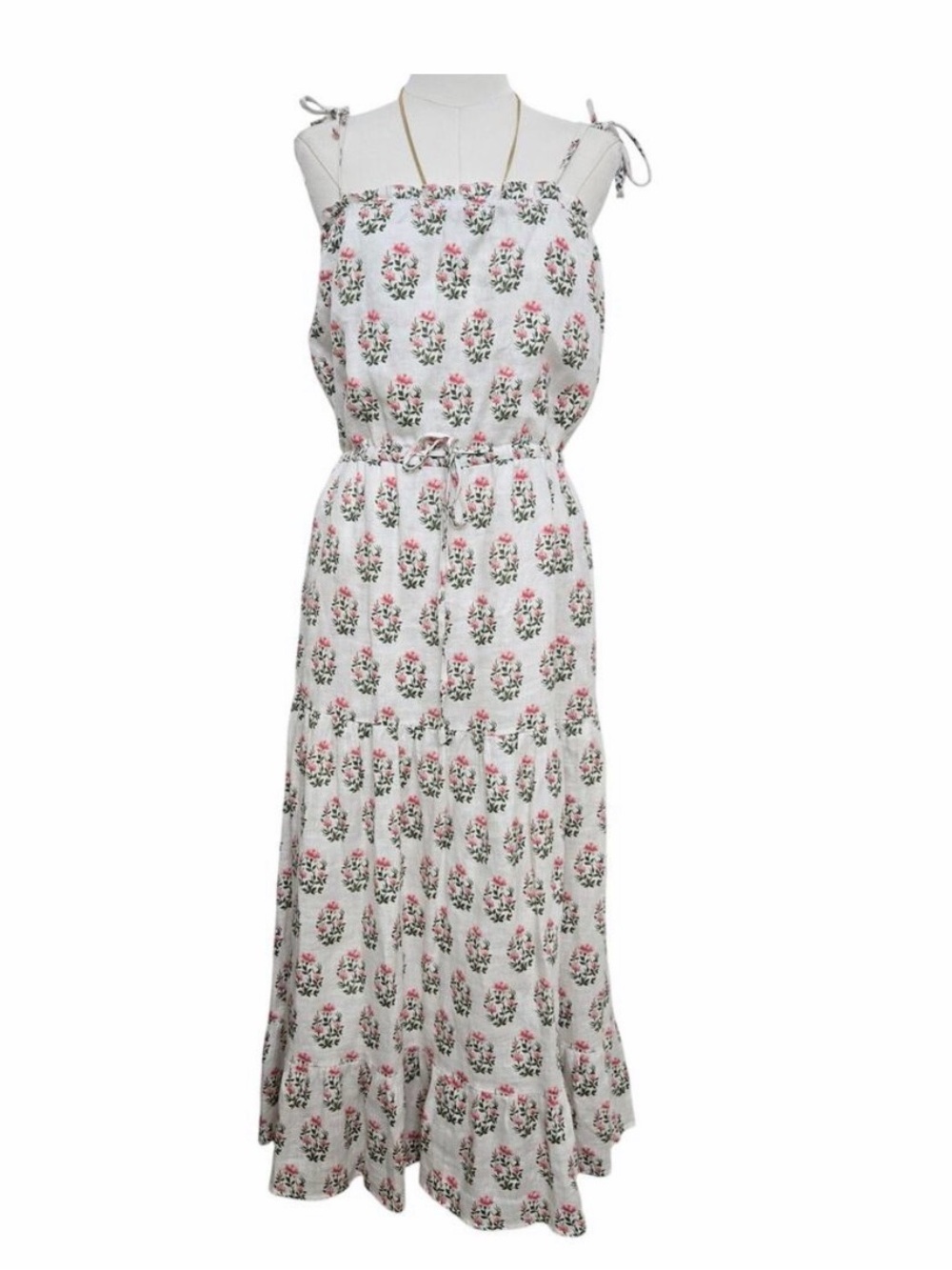 Meadows Sleeveless White Midi Dress with Pink Floral Print
